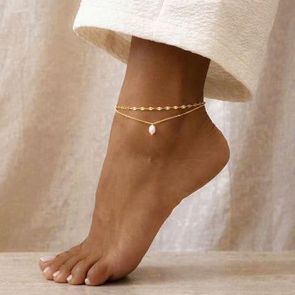 Bheop Ankle Bracelets for Women 14K Gold Silver Plated Waterproof Anklets | Evil Eye Pearl Heart Conch Shell Charm, Boho Adjustable Foot Chain, Dainty Summer Beach Jewelry Gifts, Non Tarnish - color: GD-Lips/Pearl