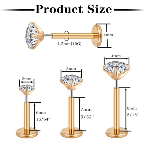 Gotumo 20G Flat Back Earrings Stud G23 Titanium Threadless Tragus Labret Cartilage Lip Medusa Conch Body Piercing Jewelry Hypoallergenic for Women Men - color: Rose Gold 16G Bar-6/7/8mm&CZ-2/3/4mm