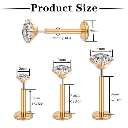 Gotumo 20G Flat Back Earrings Stud G23 Titanium Threadless Tragus Labret Cartilage Lip Medusa Conch Body Piercing Jewelry Hypoallergenic for Women Men - color: Rose Gold 18G Bar-6/7/8mm&CZ-2/3/4mm