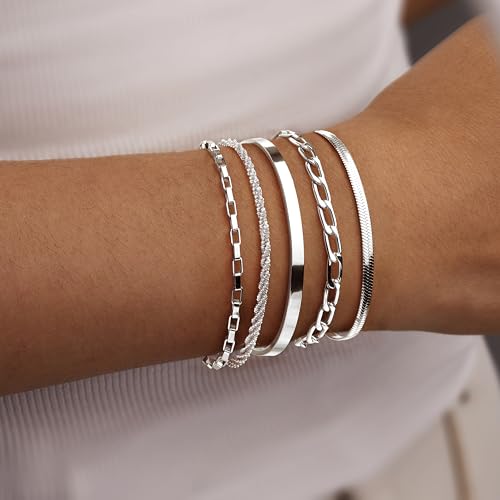 Dainty Gold Bracelet for Women Trendy Non Tarnish, Thin Bracelets Stackable Set with Bangle Cuff, Box, Herringbone, Paperclip, Figaro, Sparkling Link Chains Waterproof, Simple Jewelry Gifts for Women - color: style 03-silver