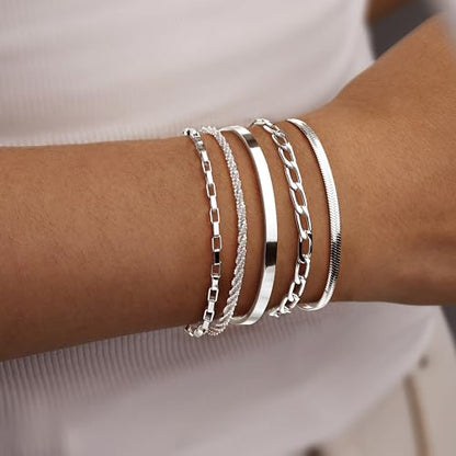 Dainty Gold Bracelet for Women Trendy Non Tarnish, Thin Bracelets Stackable Set with Bangle Cuff, Box, Herringbone, Paperclip, Figaro, Sparkling Link Chains Waterproof, Simple Jewelry Gifts for Women - color: style 03-silver