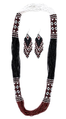 Layered – Boho Native American Style Layered Beaded Necklace– Ukrainian beaded Necklace Native Handmade Seed Bead Necklace Tribal ethnic beaded Necklace for Women (Tuquoise) - color: Black & Brown
