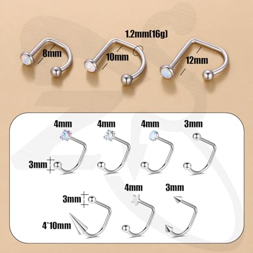 ZS 7Pcs Stainless Steel Star Opal CZ Lip Rings Hoops Piercing, 16G C-shape U-shape Lip Rings, Internally Threaded Cartilage Helix Daith Earrings Jewelry for Women Men - color: U-shape Lip Rings, size: diameter:8mm