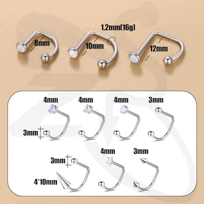 ZS 7Pcs Stainless Steel Star Opal CZ Lip Rings Hoops Piercing, 16G C-shape U-shape Lip Rings, Internally Threaded Cartilage Helix Daith Earrings Jewelry for Women Men - color: U-shape Lip Rings, size: diameter:8mm