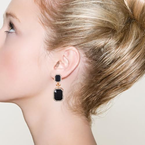 YINLI Austrian Crystal Square Shape Dangle Drop Clip on Earrings for Women - color: Black,Gold