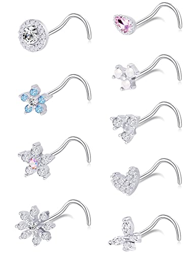 9Pcs Nose Rings Stud L Bone Screw Shaped Nose Ring Flower CZ Snowflake Butterfly Screw Nose Stud Body Piercing Jewelry for Women Men 20G Silver Gold Rose Gold Tone - color: E:Silver Tone&Screw Shaped