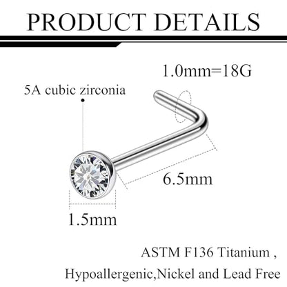 ASTM F136 Titanium Nose Rings 18G 20G 22G Jeweled Clear Cubic Zirconia Nose Studs Ring Screw L-Shaped Bone Hypoallergenic Body Piercing Jewelry for Women 1.5mm 2mm 2.5mm 3mm 10PCS - style: L-Shaped:18G(1.0mm)-1.5mm CZ