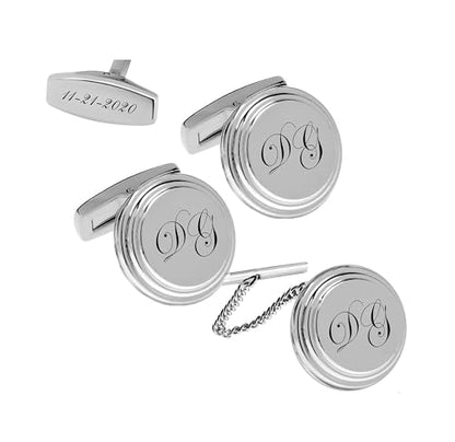 Personalized Silver Beveled Circle Cufflinks & Tie Pin Set Engraved Free - Custom Monogram Tie Tack - Gift For Him -Groomsman Gift, Free Engraving - Ships from USA
