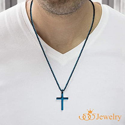 555Jewelry Stainless Steel Cross Adjustable Rolo Chain Pendant Necklace 16-28'' Inches - color: Blue