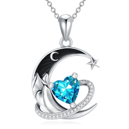 I Love You to the Moon and Back Necklace 925 Sterling Silver Black Crescent Moon Star Pendant with Heart Birthstone Necklace Anniversary Gothic Jewelry Gifts for Women Wife Lovers - color: 03-Mar-Aquamarine