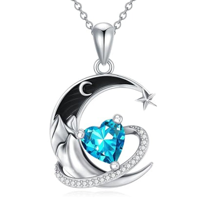 I Love You to the Moon and Back Necklace 925 Sterling Silver Black Crescent Moon Star Pendant with Heart Birthstone Necklace Anniversary Gothic Jewelry Gifts for Women Wife Lovers - color: 03-Mar-Aquamarine