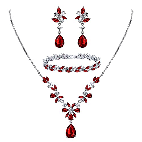 EleQueen Women's Wedding Bridal Jewelry Set for Brides Bridesmaids, Silver/14K Gold/Rose Gold Plated Cubic Zirconia Teardrop Necklace Dangle Earrings Bracelet Sets for Party Prom - color: 05-Ruby Color-Necklace+Earrings+Bracelet