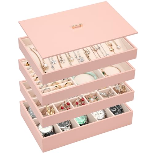 Voova Stackable Jewelry Organizer Tray with Lid (Set of 4, Pink) | Stackable PU leather jewelry trays with drawer inserts for earrings, rings, necklaces, bracelets and watches; set of 4 - color: Pink