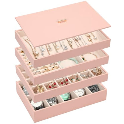 Voova Stackable Jewelry Organizer Tray with Lid (Set of 4, Pink) | Stackable PU leather jewelry trays with drawer inserts for earrings, rings, necklaces, bracelets and watches; set of 4 - color: Pink