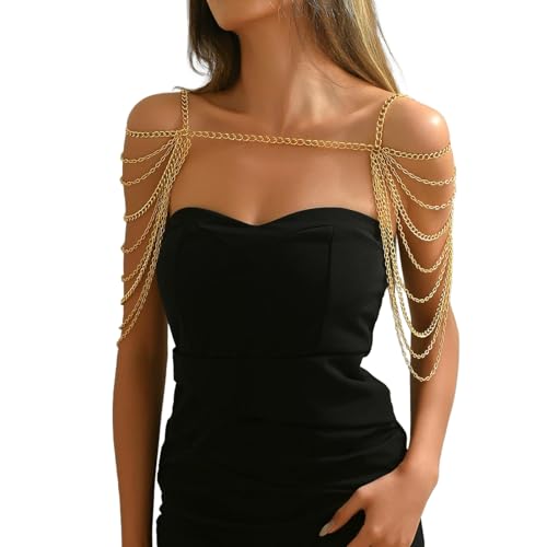 Gold Punk Shoulder Body Chain Jewelry Sexy Multi-layered Tassel Arm Chain Festival Rave Body Chain Summer Beach Back Chain Jewelry for Women Backless