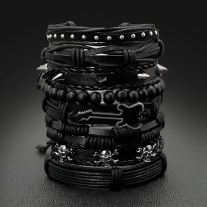 8pcs Punk Rock Style Bracelet Set, Black Multi-layer Leather Wristbands with Guitar Charm, Skull Design, Beaded Braided Cuff for Men, Women, Unisex Bohemian Style