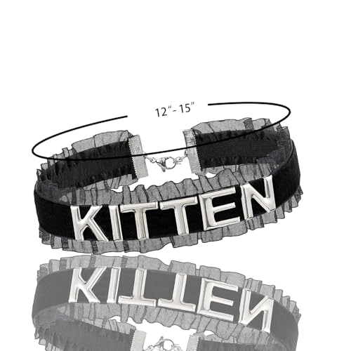 Women's Black Velvet Lace Letter Choker Collar for Halloween, 15-inch | Made of Velvet Lace Ribbon and Silver Letter Charms, Lobster-claw Closure, Daily Gothic Style, Avoid Water & Perfume - color: KITTEN