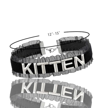 Women's Black Velvet Lace Letter Choker Collar for Halloween, 15-inch | Made of Velvet Lace Ribbon and Silver Letter Charms, Lobster-claw Closure, Daily Gothic Style, Avoid Water & Perfume - color: KITTEN
