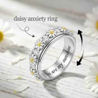 Daisy Anxiety Rings for Women 18K White Gold Plated Daisy Anxiety Rings You Are My Sunshine Flower Fidget Ring Jewelry Gifts for Women