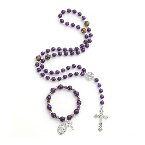 Rosary for Men Women, Natural Stone Beads with St. Benedict Bracelet | 8 mm Natural Stone Prayer Beads with 10 mm Accent Beads, St. Benedict Crucifix, Matching Bracelet, Gift Box and Pouch. - color: Purple