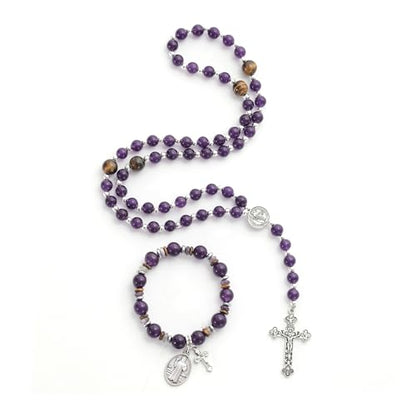 Rosary for Men Women, Natural Stone Beads with St. Benedict Bracelet | 8 mm Natural Stone Prayer Beads with 10 mm Accent Beads, St. Benedict Crucifix, Matching Bracelet, Gift Box and Pouch. - color: Purple