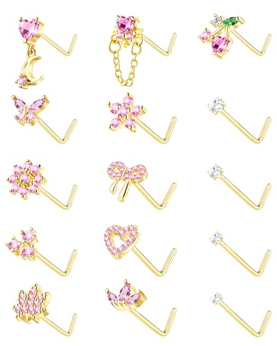 BSJ4U Nose Rings L Shaped for Women Nose Piercings 20G Surgical Stainless Steel Nose Studs CZ Heart Butterfly Flower Cherry Bow Moon Dangle Nose Piercing Jewelry - color: Gold Pink Nose Rings