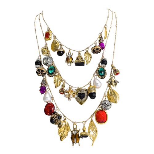 Vintage 3-Layered Pendant Charm Necklace for Women, Bohemian Ethnic Triple Layer Stackable Chain Necklace, Unique Statement Jewelry for Party Gift - color: Insect Rhinestone - Vintage