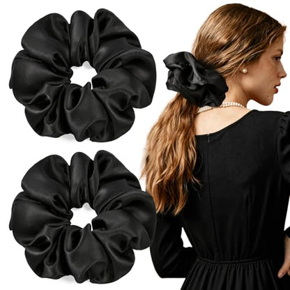 2 PCS Black Jumbo Satin Silky Scrunchies 6.5 Inches Oversized Scrunchie Extra Large Big Hair Ties Ponytail Holder for Thick Curly Hair Women (Black) - color: Black