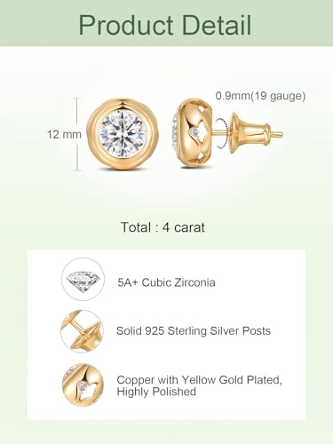 0.6-4 Carat 5A Cubic Zirconia/Simulated Emerald Sparkle Stud Earrings for Women, Hypoallergenic 925 Sterling Silver Posts, Anniversary Birthday Valentines Mothers Day Jewelry Gift - color: Yellow Gold, size: 4.00 Carat (2.00ct * 2)