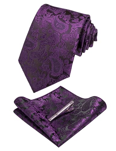 JEMYGINS Mens Solid Color Paisley Necktie and Pocket Square with Tie Clip Sets - color: Purple