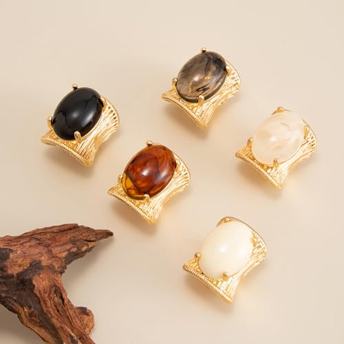 Geometric Open Ring, Adjustable Statement Rings with Non-Fading Hand-Marbled Resin Wide Band, Metallic Stripe Accent Finger - color: Off1 white