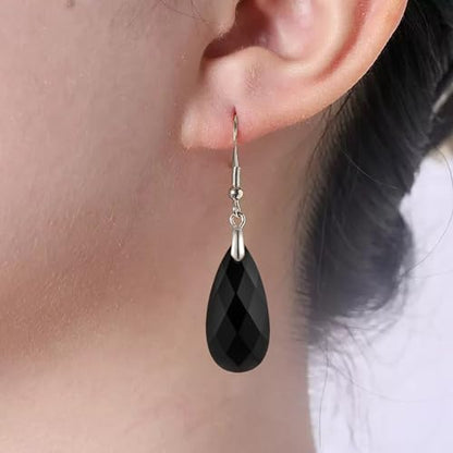 SELOVO Teardrop Fishhook Dangle Drop Earrings for Women Crystal Earring - color: Black-Silver Color Hook