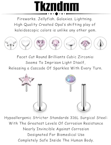 Threadless Noses Rings, Flat Back Earrings, 20/18/16g-Gauge 5/16in-Post 3mm-Top, Hypoallergenic Surgical Steel Medusa Lip Labret Cartilage Helix Tragus Conch Piercing Jewelry for Women Men - color: Pink, size: 16g*8mm