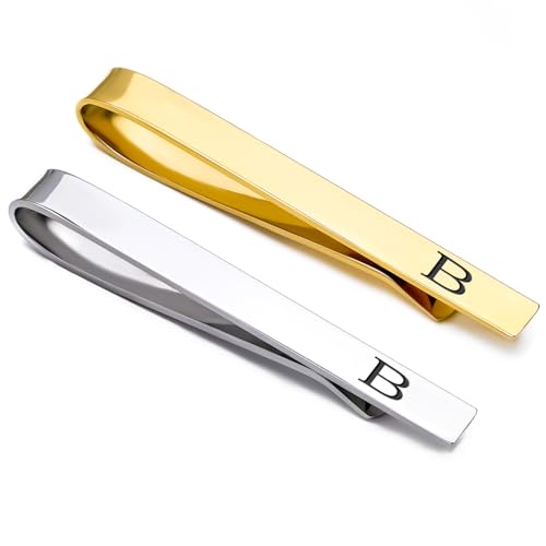 GWD Stainless Steel Tie Clips for Men Personalized Initial Tie Clip Classic Tie Bar Set - color: B