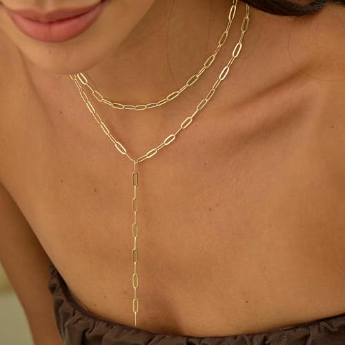 Lariat Necklace for Women, Dainty 14K Gold/Silver Plated Long Necklaces for Women Trendy Simple Layered Y-Shaped Pendant Necklace Adjustable Fashion Jewelry Gift - color: Gold, style: Paperclip Chain
