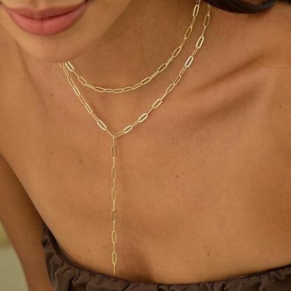 Lariat Necklace for Women, Dainty 14K Gold/Silver Plated Long Necklaces for Women Trendy Simple Layered Y-Shaped Pendant Necklace Adjustable Fashion Jewelry Gift - color: Gold, style: Paperclip Chain