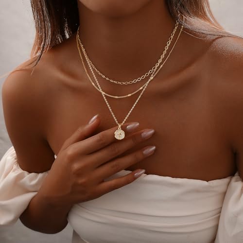 Gold Necklace for Women 14K Gold Plated Layered Cross Bar Necklace Herringbone Figaro Paperclip Flat Chain Cute Charm Accessories Non Tarnish Jewelry Set Gifts for Women - style: R-NK-07-Small cross-GD