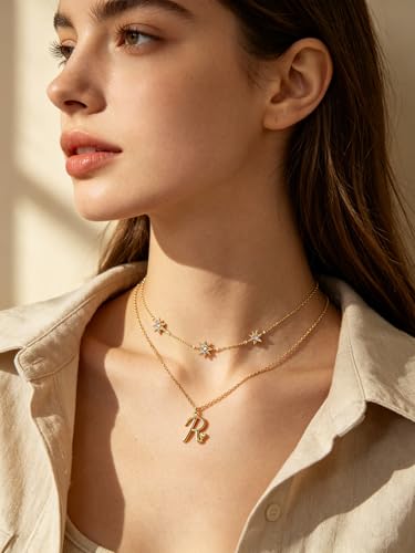 14K Gold A-Z Initial Lette Necklace Star Choker Women Necklace | Personalized Initial Jewelry, Meaningful Name Letter Gift for Women Wife Mom Friend, Perfect Present For Birthday/Anniversary - style: 14K Gold-R