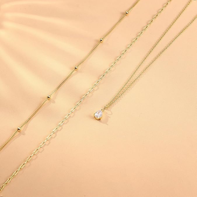 Gold Layered Necklaces for Women, 14K Gold Plated Paperclip Snake Chain Necklace Set, Dainty Coin Cross Tear Pendant Layering Choker Necklaces, Simple Trendy Stackable Jewelry Gifts - color: 3PCS / CZ & 2 Chains