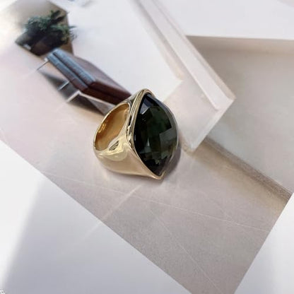 Chunky Square Crystal Glass Stainless Steel Statement Ring for Women Men Gold-Tone Plated Exaggerated Large Geometric Green Cubic Zirconia Finger Band Knuckle Rings Cocktail Prom Fashion Jewelry - color: Gery