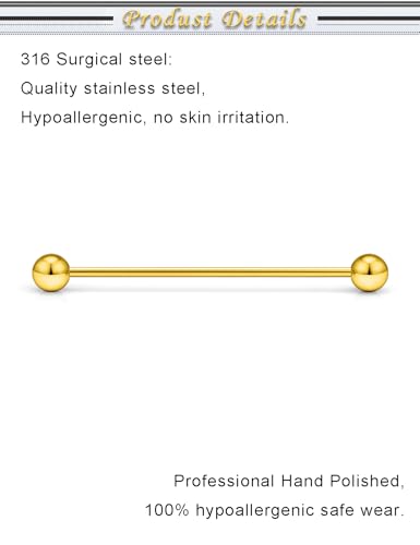 16G 14G Surgical Steel Tongue Rings Nipple Rings Industrial Piercing Jewelry Set Multi Size Straight Barbells 12mm 14mm 16mm 19mm 22mm 28mm 32mm 35mm 38mm 40mm 45mm for Women Men - color: goldtone, size: 16g,bar length 38mm