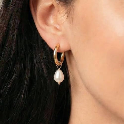 Pearl Earrings VeroSteel Dangle Earrings for Women, Dainty 14k Gold Huggie Hoop Earrings with Pearls, Trendy Pearl Drop Earrings, Stainless Steel Hypoallergenic Stud Earrings For Sensitive Ears - style: Classic