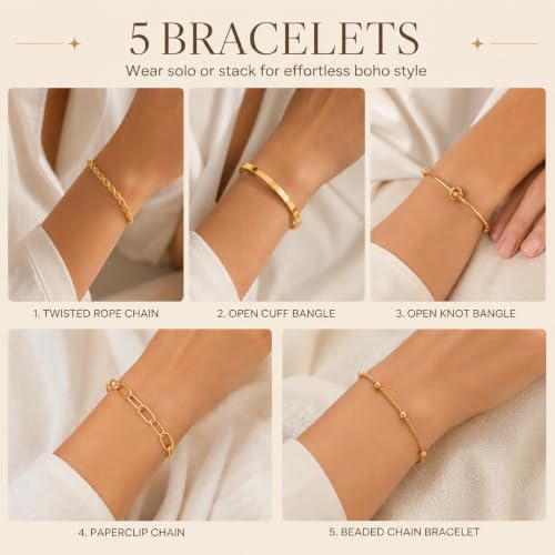11PCS Gold-Tone Jewelry Set for Women, Includes 4 Upper Arm Cuffs, 2 Hand Chain Bracelets and 5 Bracelets for Women, Boho Disign for Beach, Vacation, Festival and Party Looks