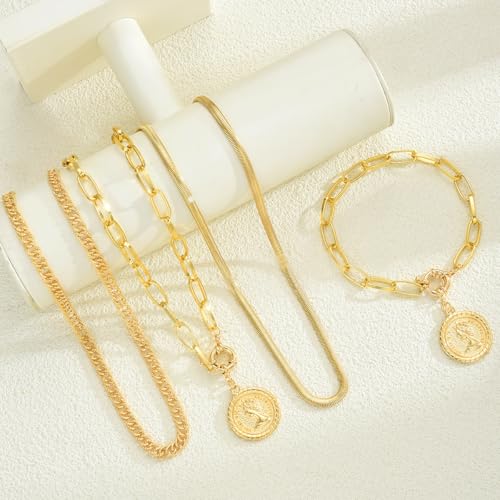 4 Pcs Gold Jewelry Set for Women with 3 Necklace, 1 Bracelet Elegant Sophisticated Style Versatile Piece Gold Plated Necklaces Bracelets