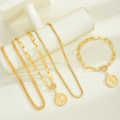 4 Pcs Gold Jewelry Set for Women with 3 Necklace, 1 Bracelet Elegant Sophisticated Style Versatile Piece Gold Plated Necklaces Bracelets