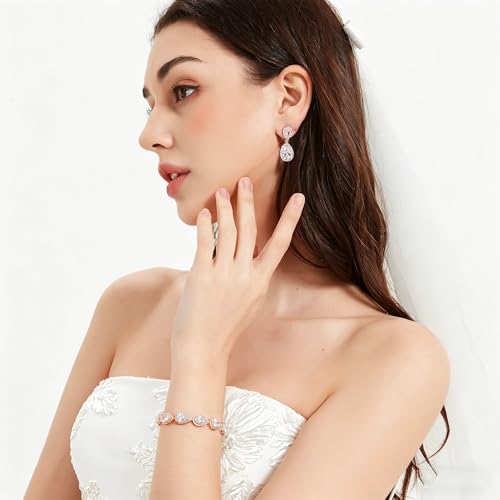 Bride Teardrop Earrings & Bracelet Wedding Jewelry Set, Cubic Zirconia Bridal Bridesmaid Party Formal Prom Gift - color: Rose Gold