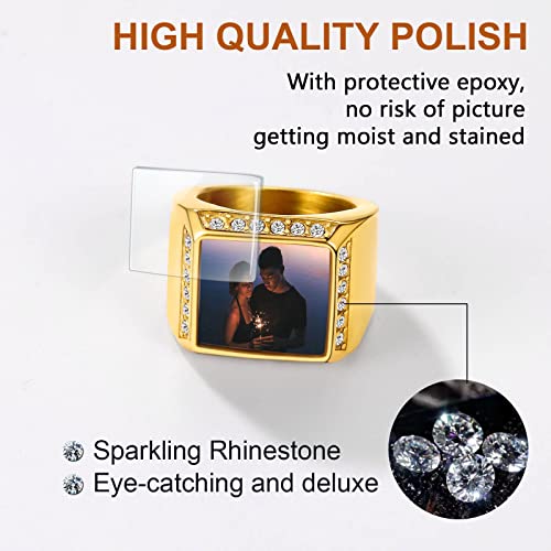 FindChic Customized Signet Photo Rings Square/Heart/Round Chunky Band Ring Stainless Steel/18K Gold Plated/Black Size 7 to 14 Personalized Jewelry for Men Women, Send Gift Box - color: 01. square (gold)
