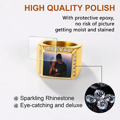 FindChic Customized Signet Photo Rings Square/Heart/Round Chunky Band Ring Stainless Steel/18K Gold Plated/Black Size 7 to 14 Personalized Jewelry for Men Women, Send Gift Box - color: 01. square (gold)