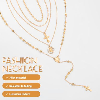 Layered Cross Necklace Set for Women, Layered Choker Necklaces Trendy Jewelry, Colorful Enamel Beaded Y-Shaped Lariat Necklace, Boho Multilayer Cross Necklace for Party and Daily Wear - color: Gold-03