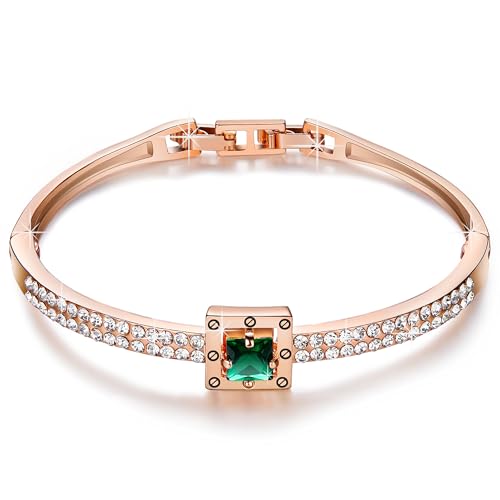 Fasion Jewelry Spiritual Guidance Bangle Bracelets For Women 18K Gold Plating Adjustable Bracelets with Crystal for Wife Girlfriend or Mothers, - color: Rose Gold Green
